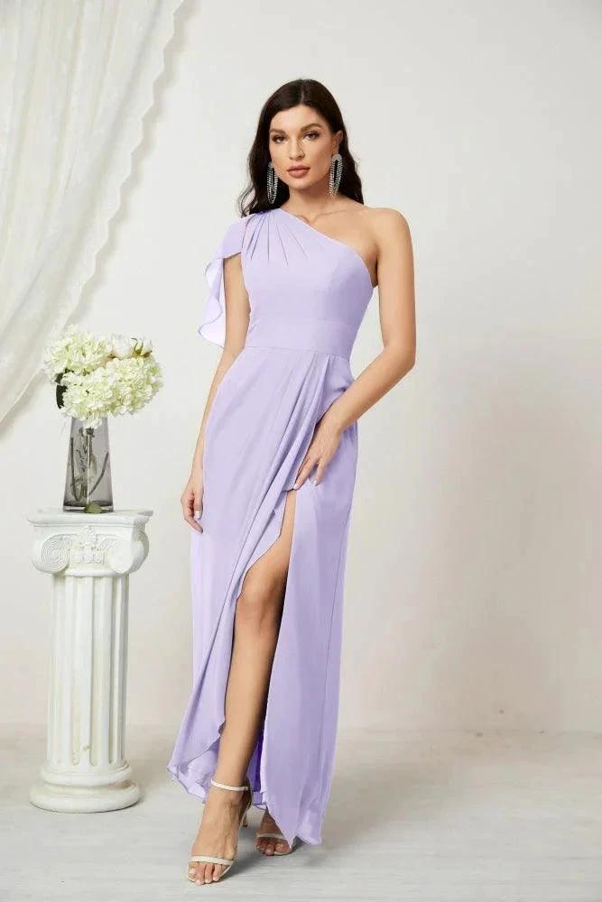 Numbersea Chiffon Ruffled One Shoulder Long Bridesmaid Dresses A-line Formal Evening Gown Side Split 2809 by numbersea