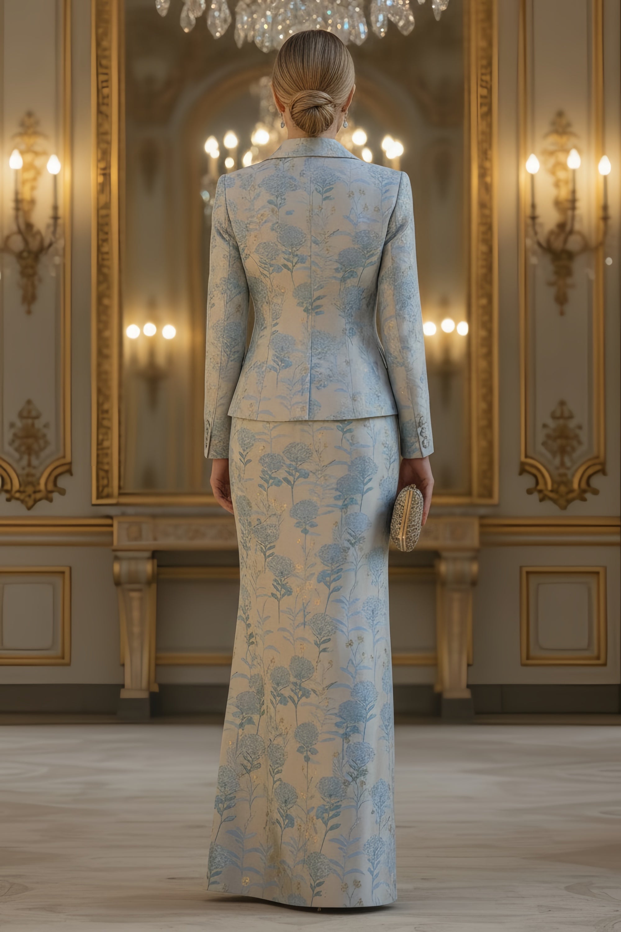 Elegant Floral Jacquard Blazer and Floor Length Skirt Set