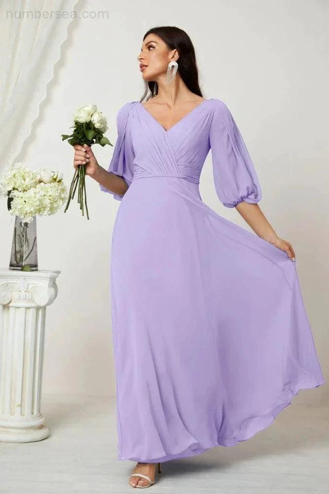 ZapDress  Formal Prom Gown Women V-Neck Chiffon Bridesmaid Dresses Long Bishop Sleeve Party Dress 2807 (ZD17027)