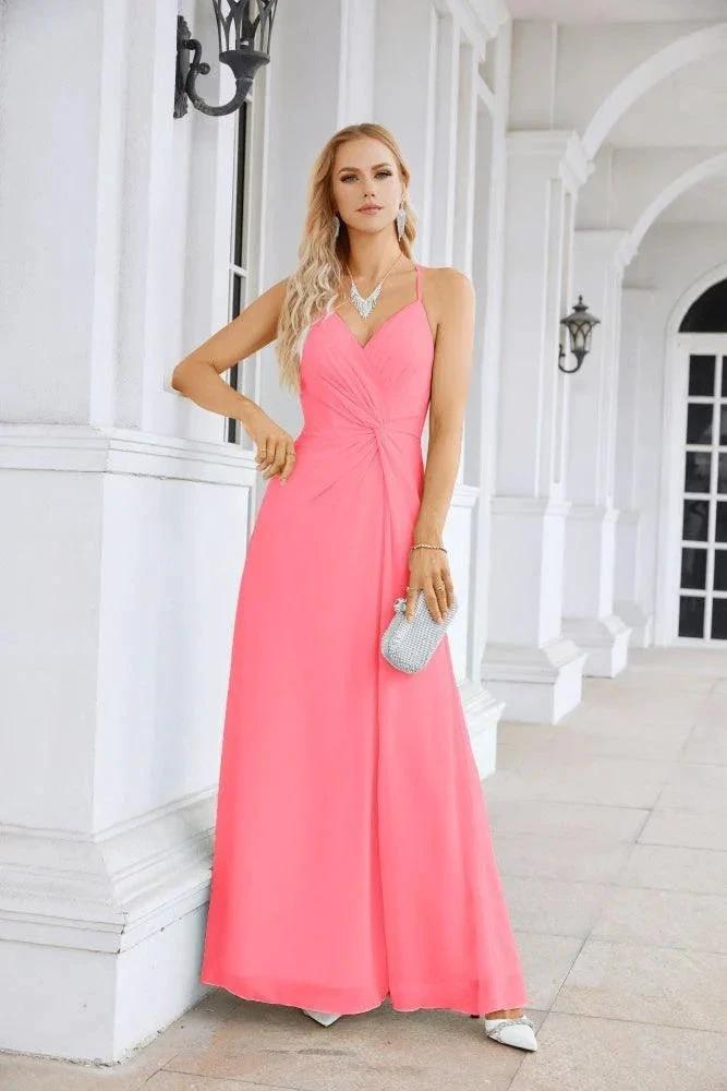 Ladies Chiffon Spaghetti Strap V Neck Front Slit Floor Length Bridesmaid Evening Dress Prom Party Wedding Evening Dress 28116 by numbersea