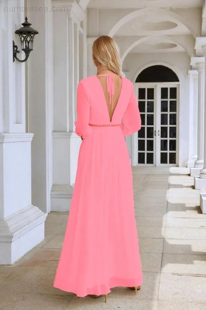 Ladies V Neck Chiffon Long Sleeve Front Slit Bridesmaid Evening Dress Wedding Party Shopping Evening Dress 28109 (ZD16991)