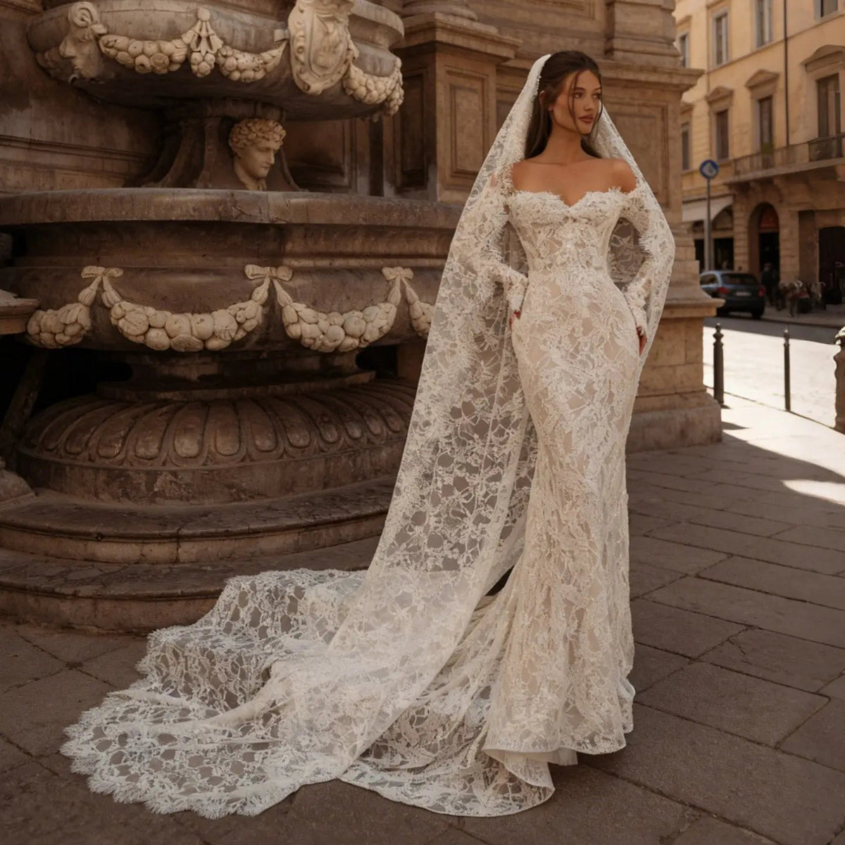 Bohemian Ivory Off-the-Shoulder Sheer Lace Mermaid Wedding Dress with Veil ZP128