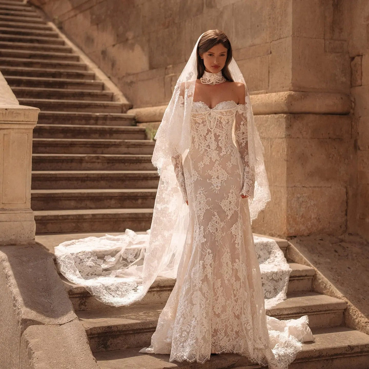 Elegant Ivory Sweetheart Neckline Sheer Lace Mermaid Wedding Dress with Veil ZP133