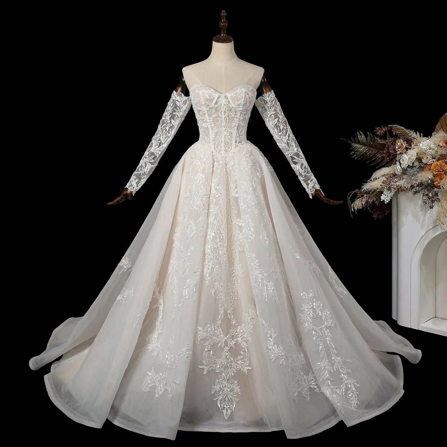Elegant Ivory Strapless Corset Lace Tulle Bridal Gown Wedding Dress with Long Detachable Sleeves ZP067