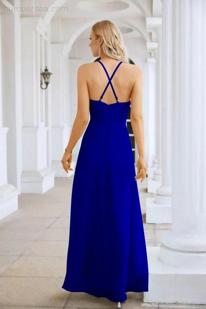 Ladies Chiffon Spaghetti Strap V Neck Front Slit Floor Length Bridesmaid Evening Dress Prom Party Wedding Evening Dress 28116 (ZD17012)