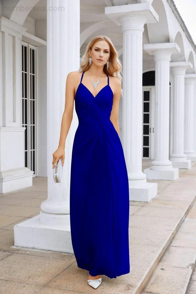 Ladies Chiffon Spaghetti Strap V Neck Front Slit Floor Length Bridesmaid Evening Dress Prom Party Wedding Evening Dress 28116 (ZD17012)