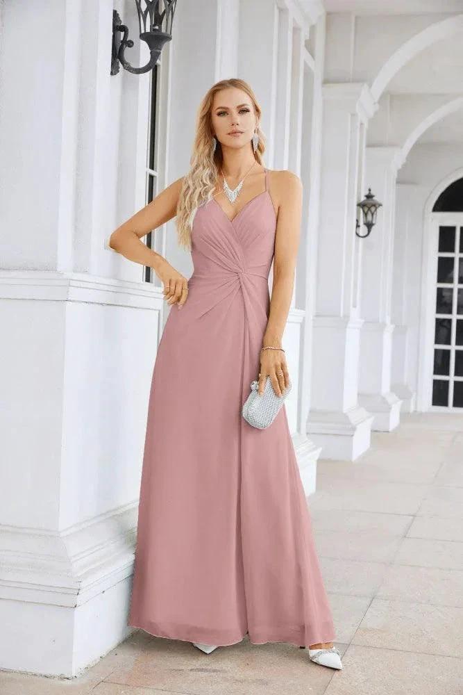 Ladies Chiffon Spaghetti Strap V Neck Front Slit Floor Length Bridesmaid Evening Dress Prom Party Wedding Evening Dress 28116 by numbersea