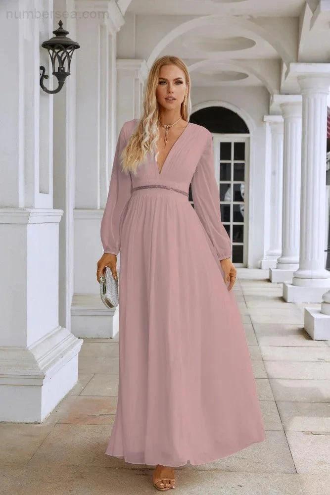 Ladies V Neck Chiffon Long Sleeve Front Slit Bridesmaid Evening Dress Wedding Party Shopping Evening Dress 28109 (ZD16991)