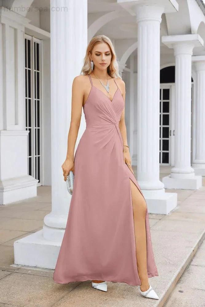 Ladies Chiffon Spaghetti Strap V Neck Front Slit Floor Length Bridesmaid Evening Dress Prom Party Wedding Evening Dress 28116 (ZD17012)