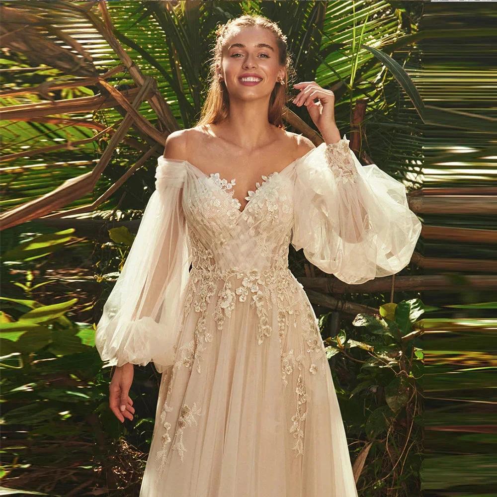 Elegant Sweetheart Neck Puff Long Sleeves Wedding Dress For Women 2023 Backless Tulle Bridal Gown Classic Robe (ZD13424)