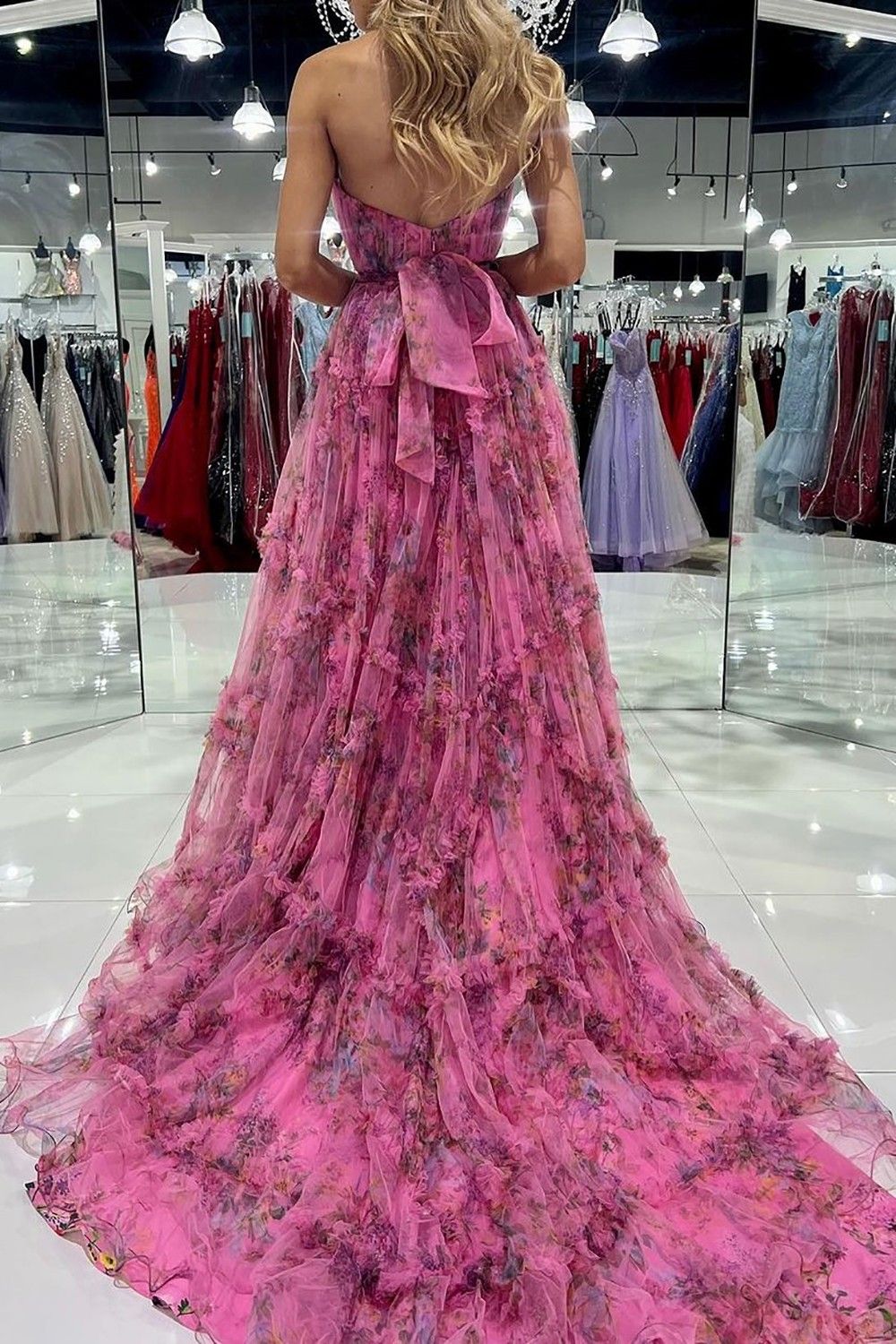 Charming A Line Sweetheart Pink Floral Printed Long Prom Dress - View 2 | VelvetHem