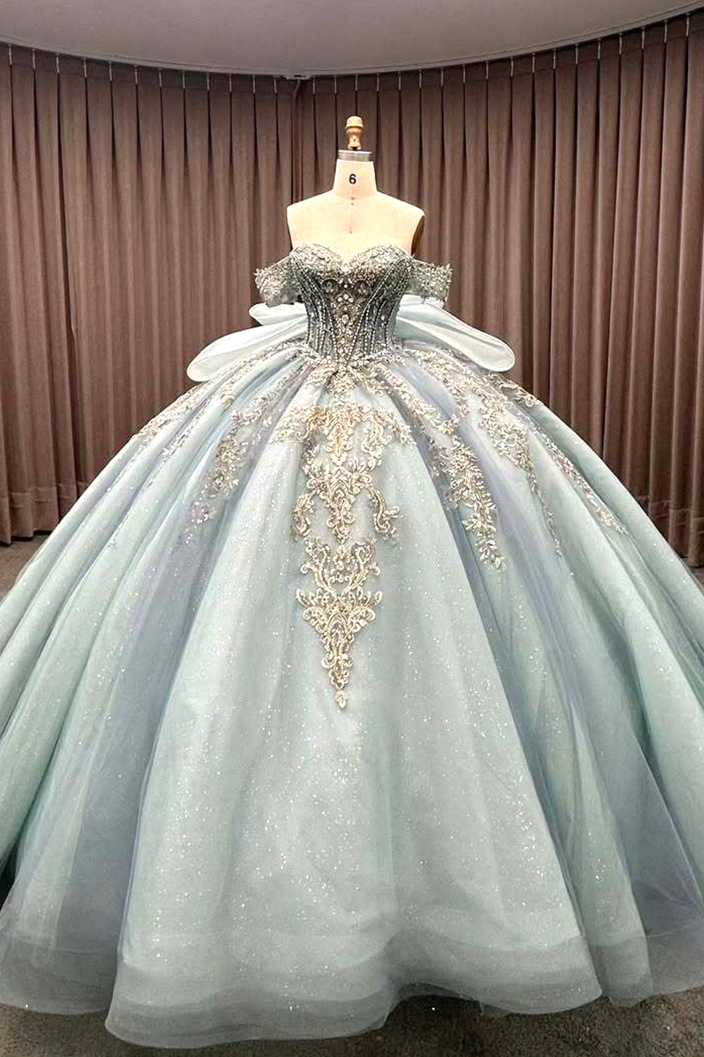 Luxurious A Line Off the Shoulder Light Blue Quinceanera Dress with Beading Bowknot - VelvetHem