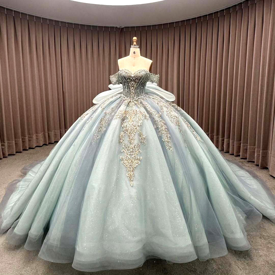 Luxurious A Line Off the Shoulder Light Blue Quinceanera Dress with Beading Bowknot - View 4 | VelvetHem