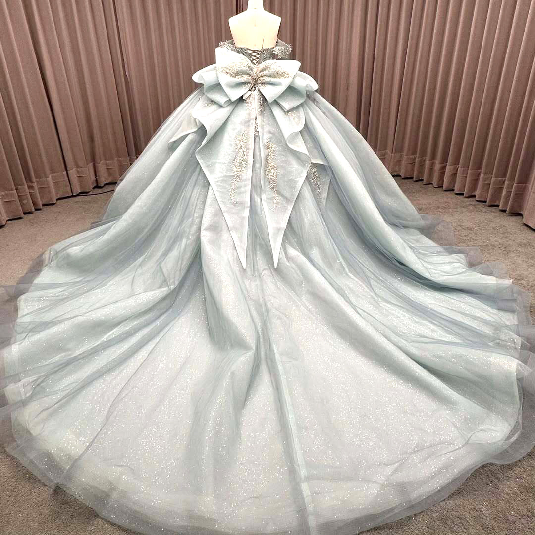 Luxurious A Line Off the Shoulder Light Blue Quinceanera Dress with Beading Bowknot - View 8 | VelvetHem