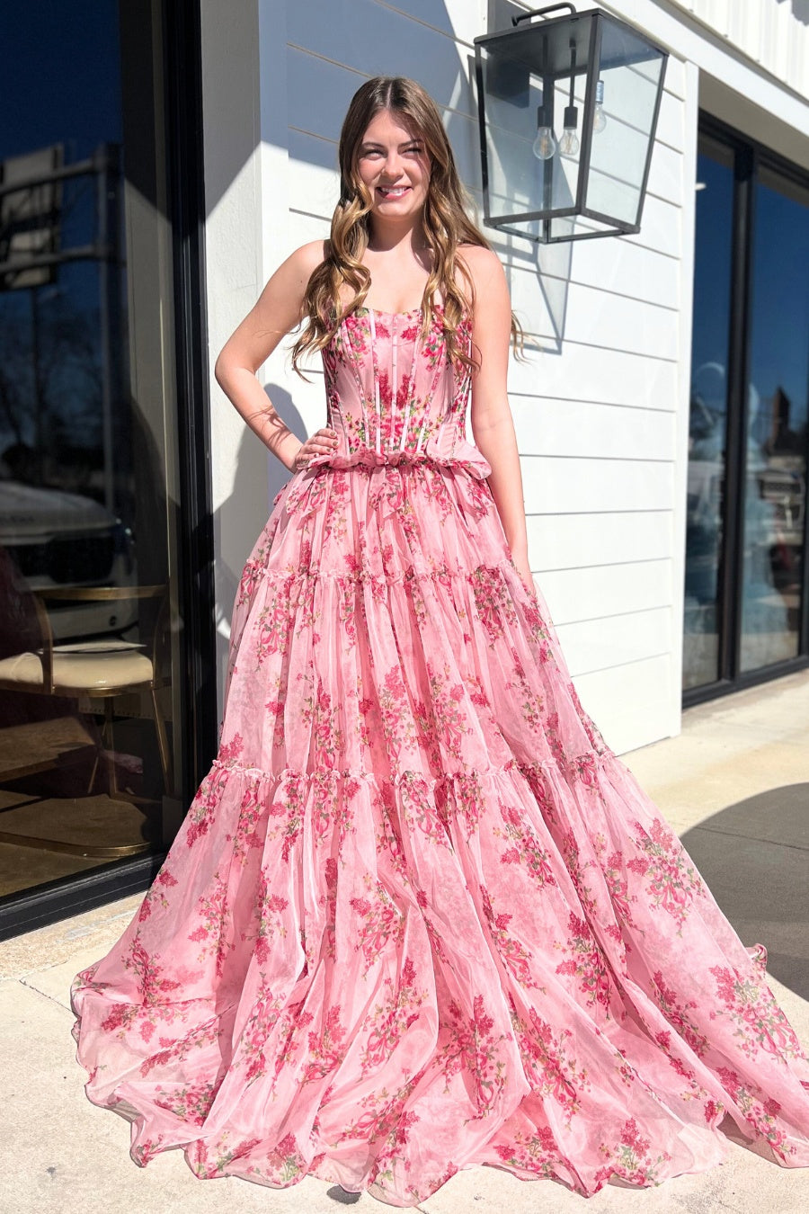 Charming Pink A-Line Strapless Long Print Tulle Prom Party Dress