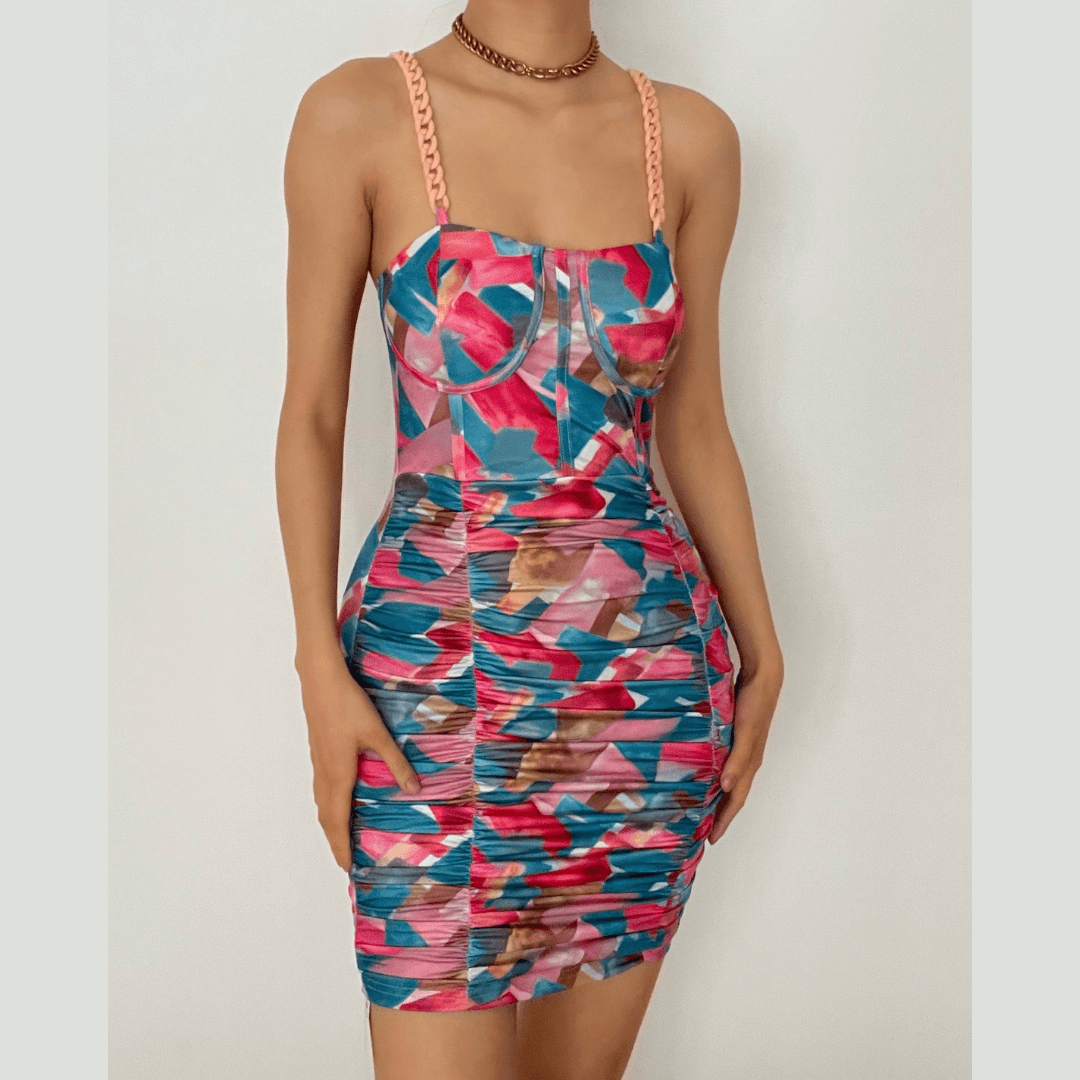 Chain strap ruched print bodycon dress