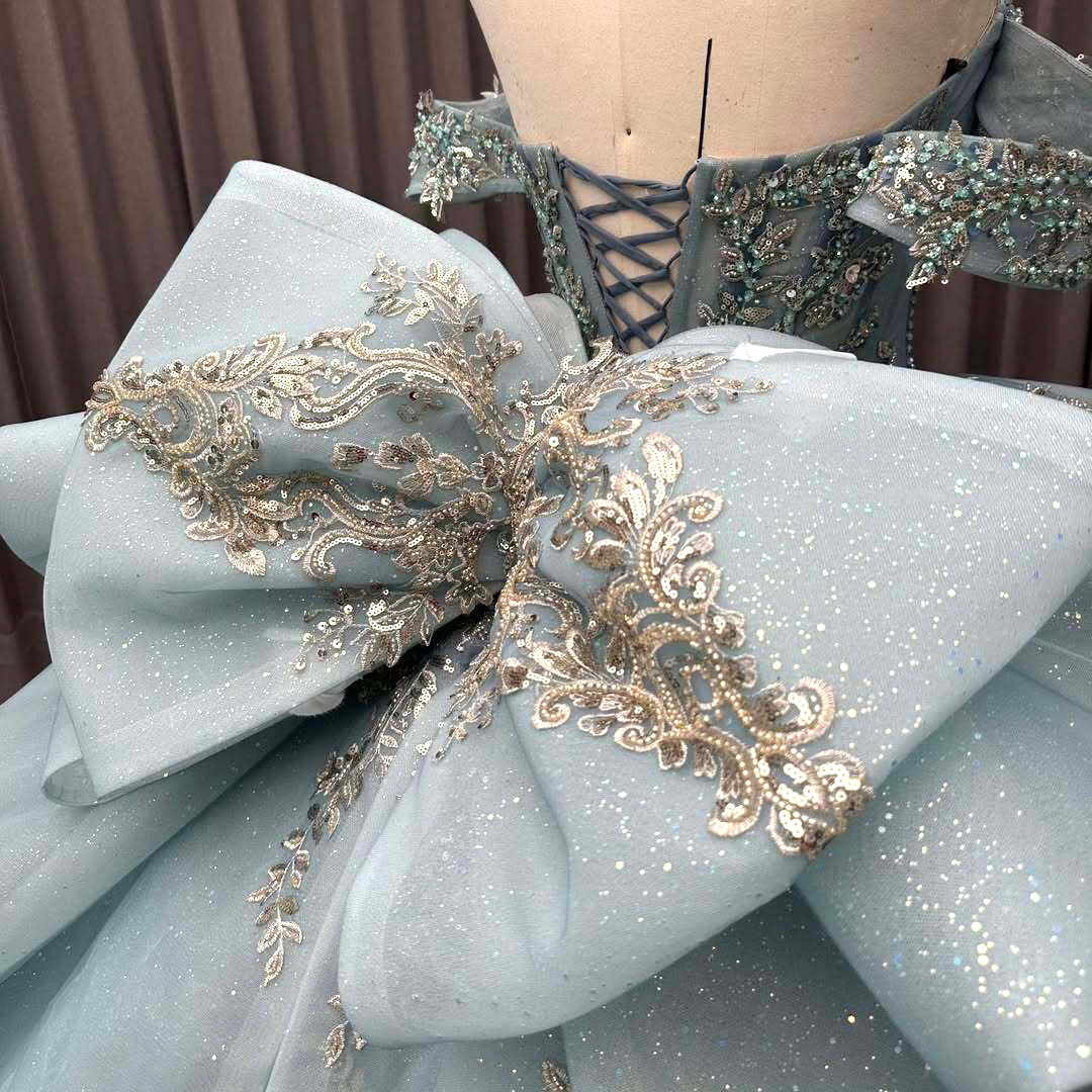 Luxurious A Line Off the Shoulder Light Blue Quinceanera Dress with Beading Bowknot - View 9 | VelvetHem