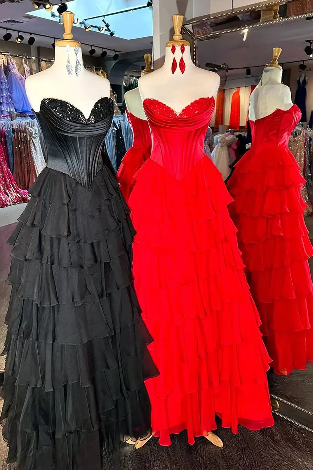 Stunning A-Line Sweetheart Satin Top Long Tiered Chiffon Prom Dress with Slit