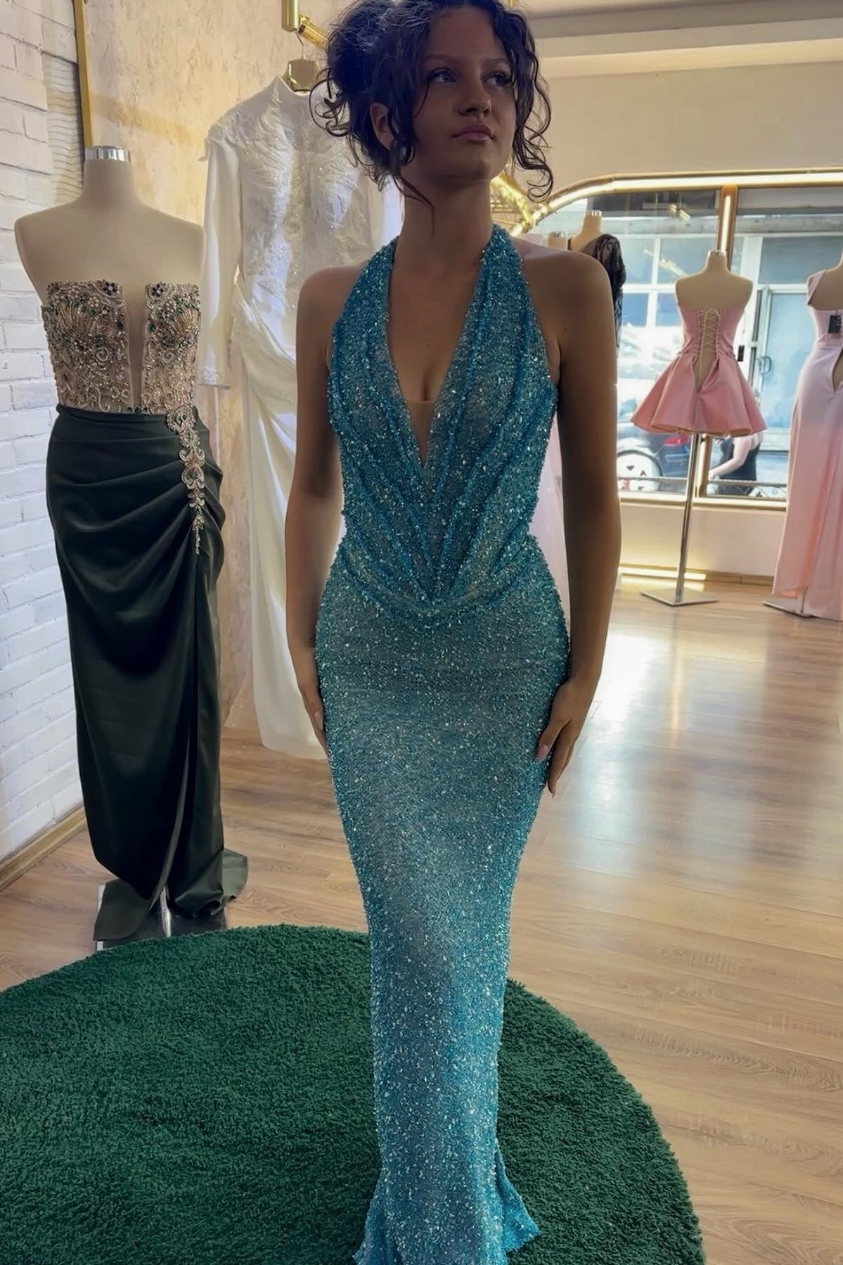 Sparkly Mermaid Halter Neck Blue Sequins Long Party Dress with Train - VelvetHem