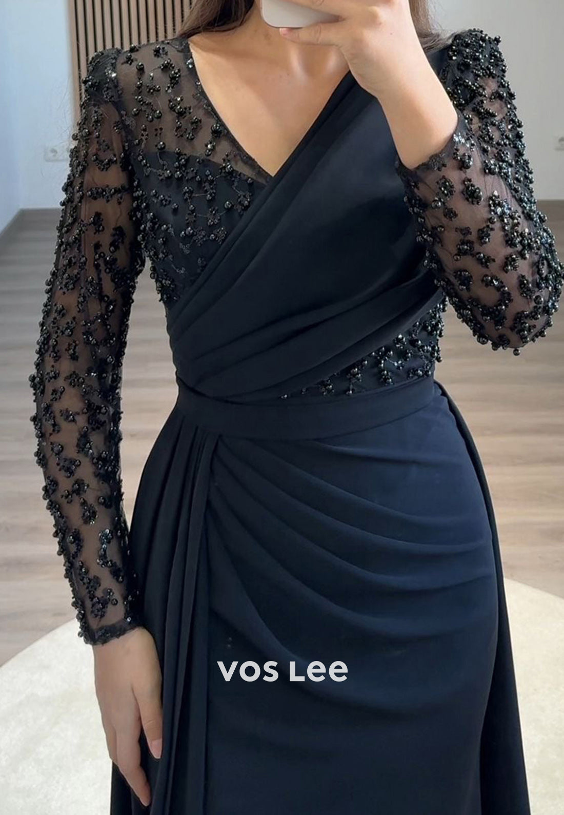 Formal Beaded V Neck Long Sleeves with Train Evening Dress Party Gown - View 7 | VelvetHem