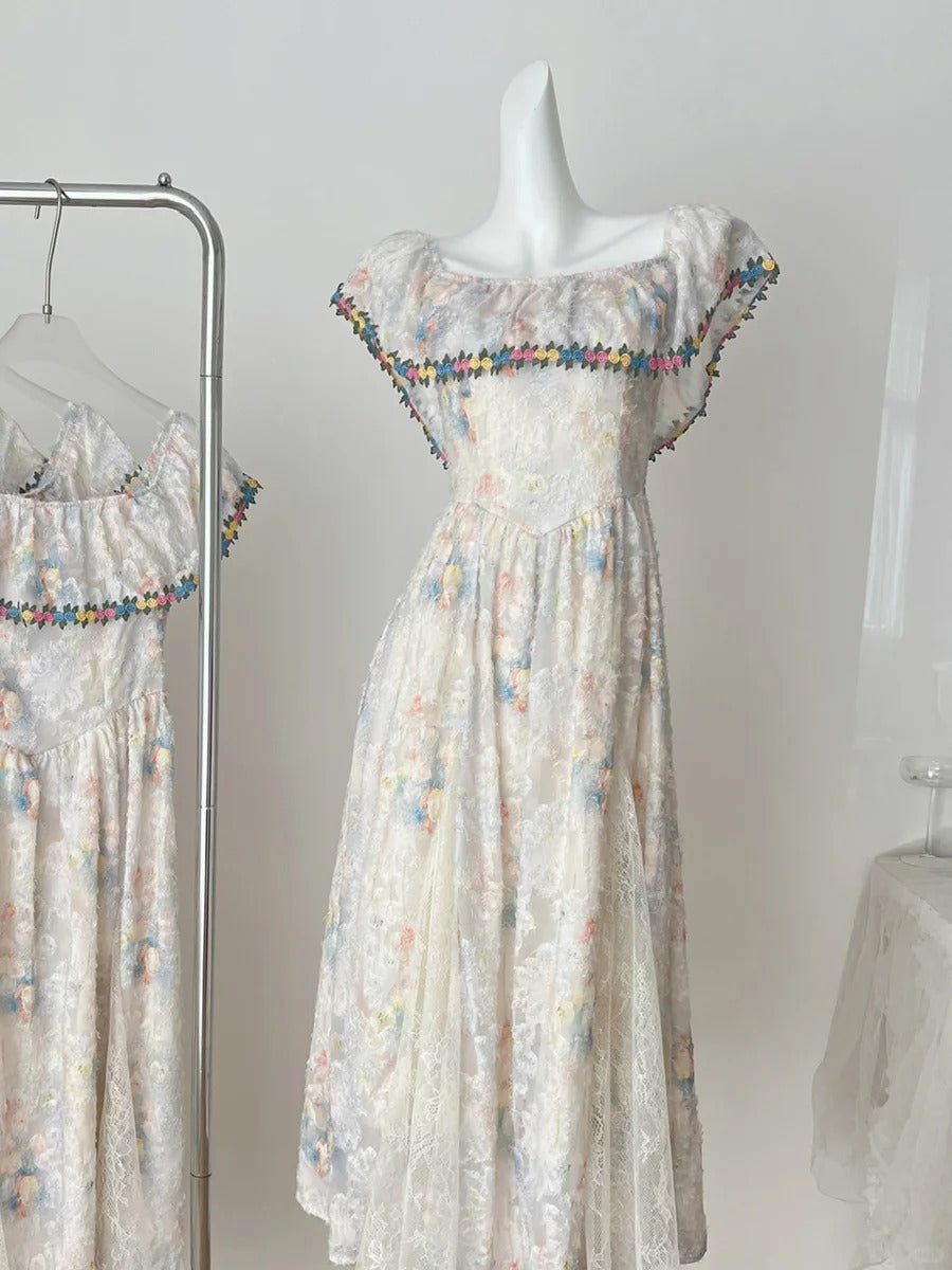 Vintage A-line Colorful Floral Lace Long Prom Dress Evening Dress - VelvetHem