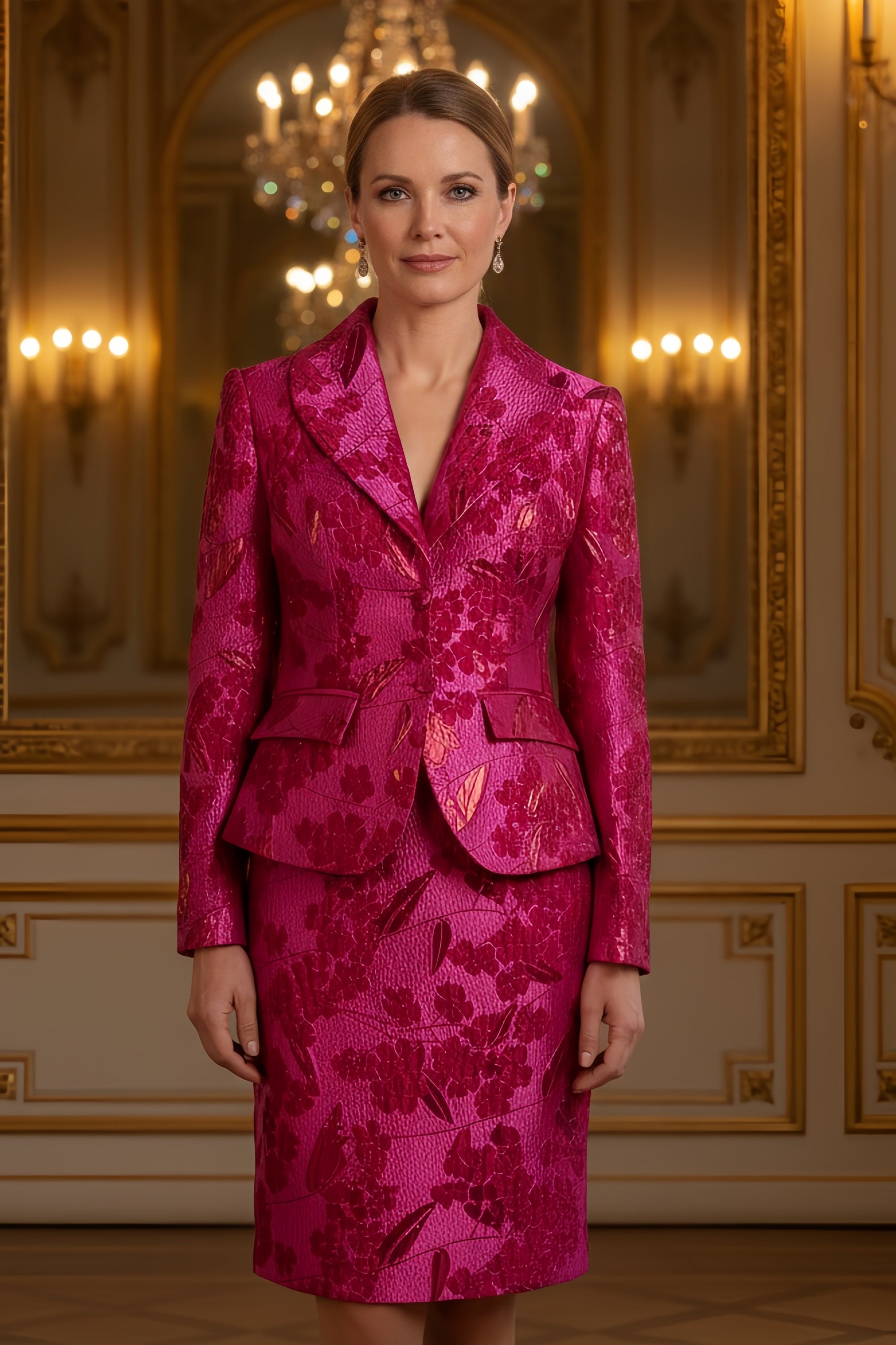 Floral Jacquard Blazer and Skirt Suit Set for Formal Events
