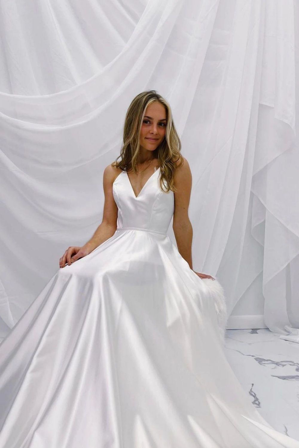 Simple A Line Spaghetti Straps White Wedding Bridal Dress