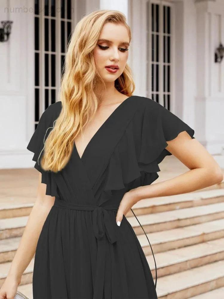 ZapDress Women's Open Back Formal Evening Party Prom Gowns V-Neck Long Chiffon Bridesmaid Dresses with Waist Belt 28038 (ZD17000)