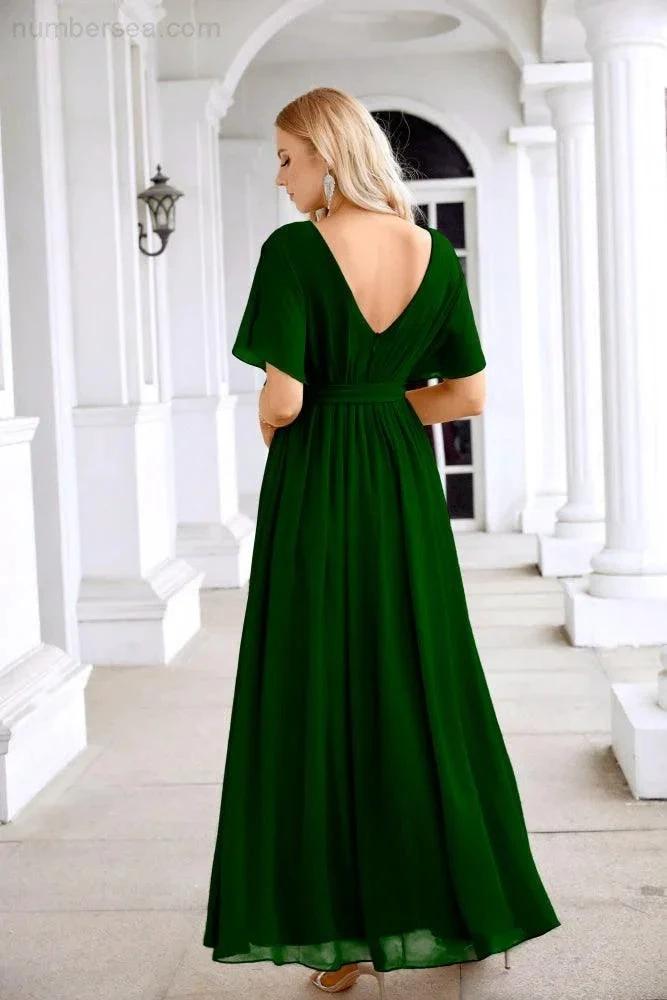 Ladies Chiffon Sleeve Crew Neck Front Slit Floor Length Bridesmaid Evening Dress Wedding Party Evening Dress 28124 (ZD17007)