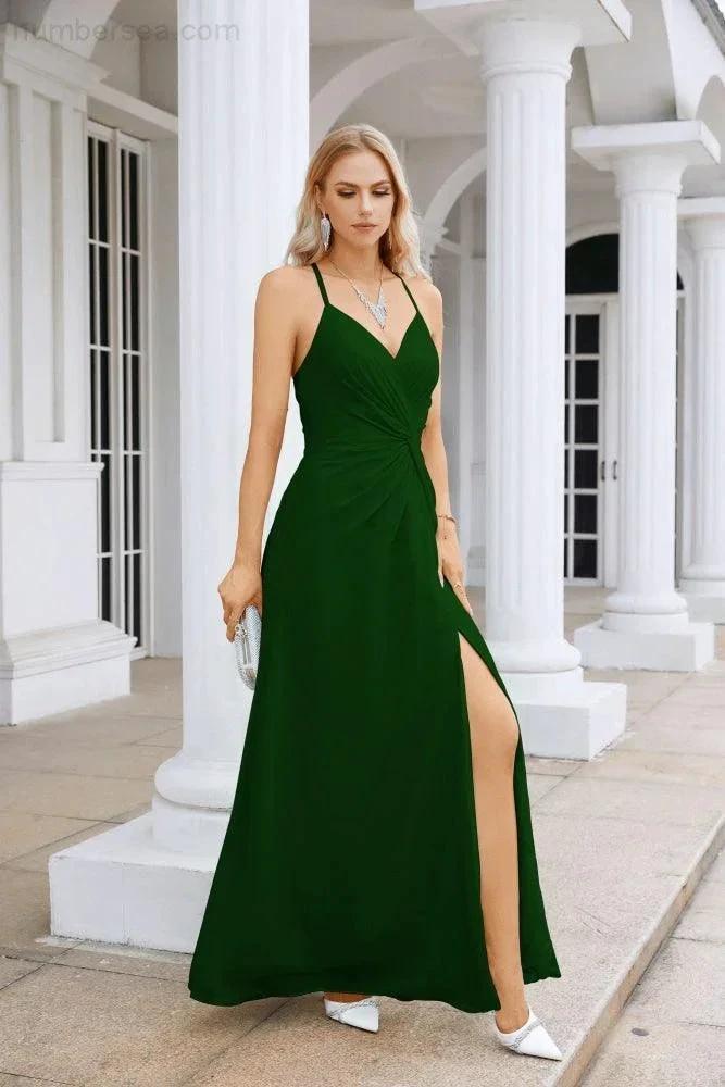 Ladies Chiffon Spaghetti Strap V Neck Front Slit Floor Length Bridesmaid Evening Dress Prom Party Wedding Evening Dress 28116 (ZD17012)