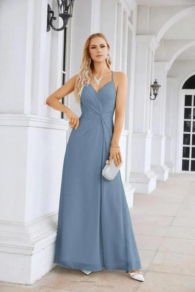 Ladies Chiffon Spaghetti Strap V Neck Front Slit Floor Length Bridesmaid Evening Dress Prom Party Wedding Evening Dress 28116 by numbersea