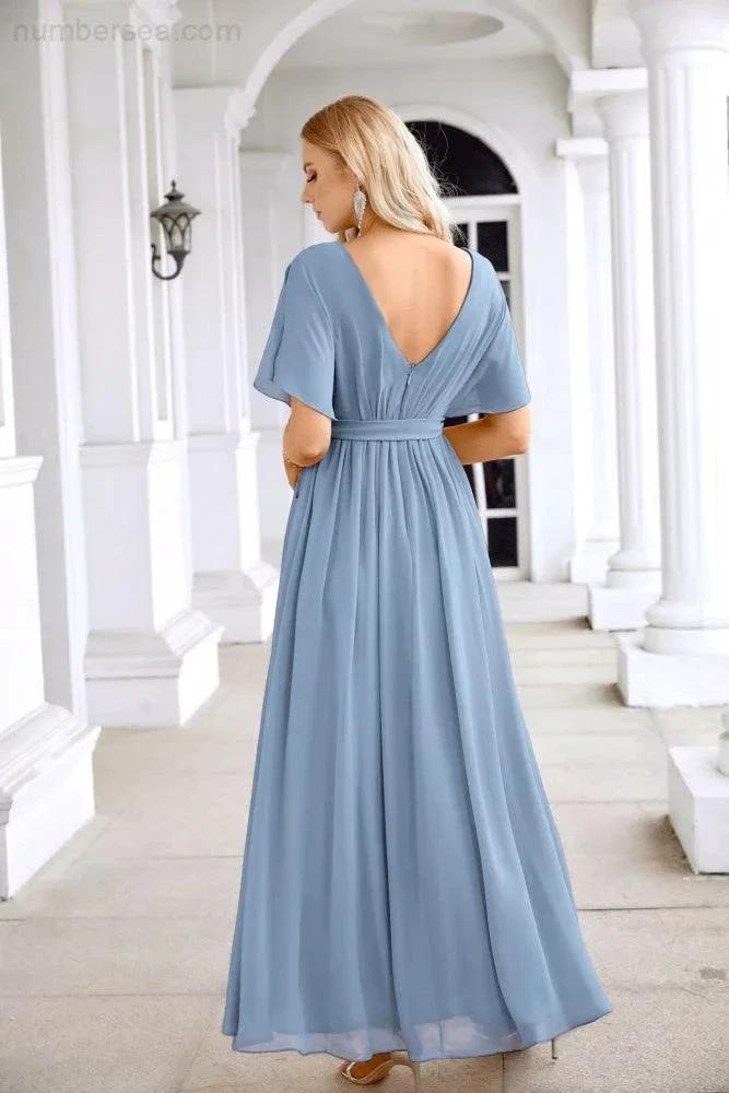 Ladies Chiffon Sleeve Crew Neck Front Slit Floor Length Bridesmaid Evening Dress Wedding Party Evening Dress 28124 (ZD17007)