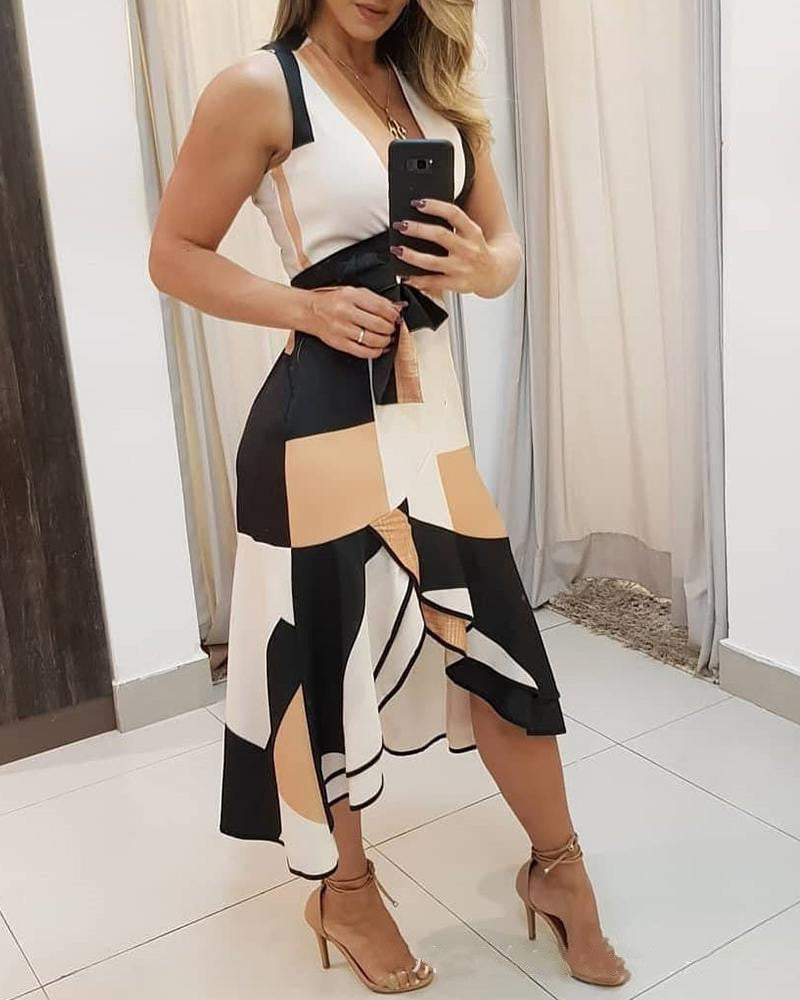 Zenaida Luxe Women's Asymmetric Midi Dress with Graphic Pattern and Waist Everyday Edit