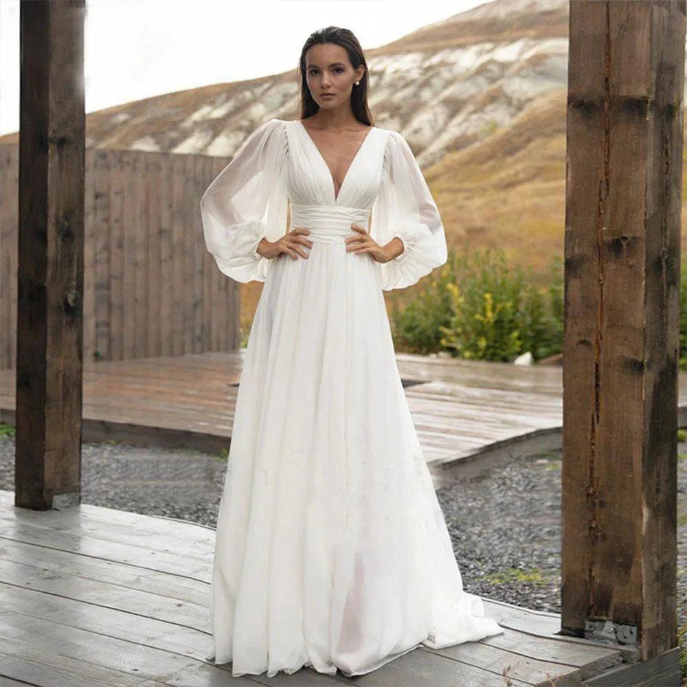 Simple Puff Sleeve Wedding Dress Bridal Long A Line Backless Beach Bride Gown Sweep Train Chiffon Robe De Mari�e Vestidos (ZD13344) - VelvetHem