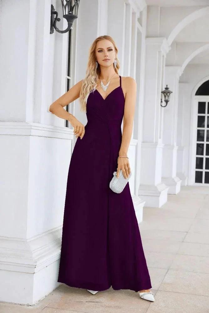 Ladies Chiffon Spaghetti Strap V Neck Front Slit Floor Length Bridesmaid Evening Dress Prom Party Wedding Evening Dress 28116 by numbersea