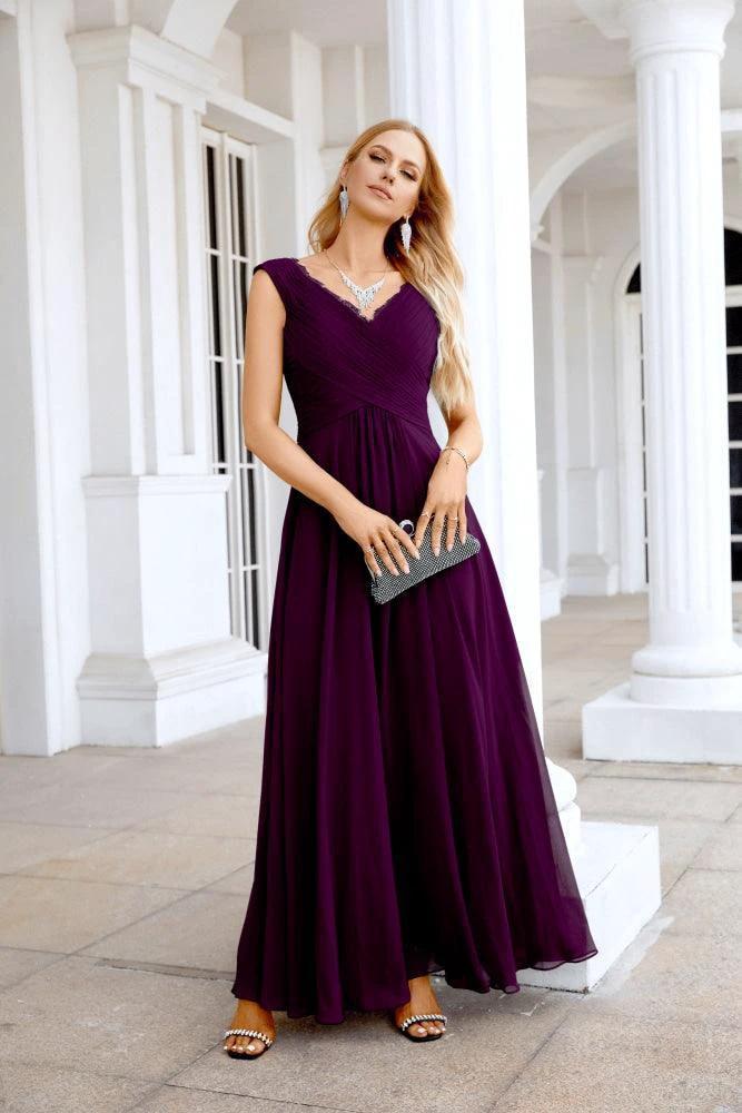Ladies Chiffon V Neck Sleeveless Floor Length Bridesmaid Evening Dress Wedding Party Evening Dress 28126 by numbersea