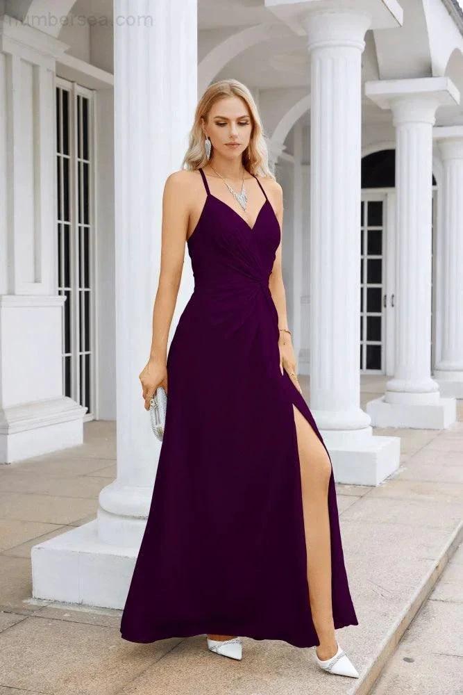 Ladies Chiffon Spaghetti Strap V Neck Front Slit Floor Length Bridesmaid Evening Dress Prom Party Wedding Evening Dress 28116 (ZD17012)