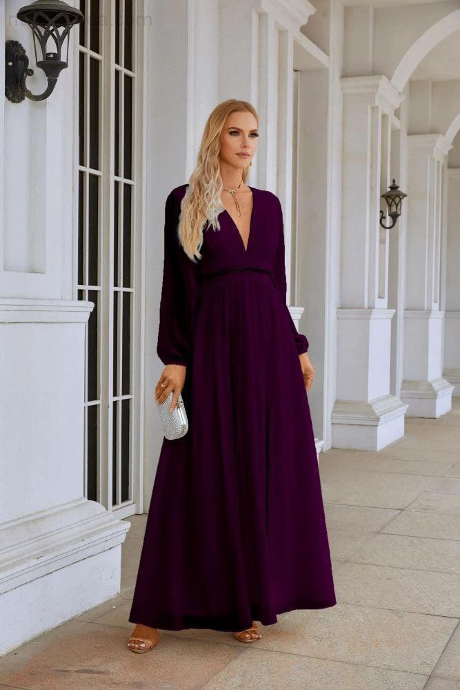 Ladies V Neck Chiffon Long Sleeve Front Slit Bridesmaid Evening Dress Wedding Party Shopping Evening Dress 28109 (ZD16991)