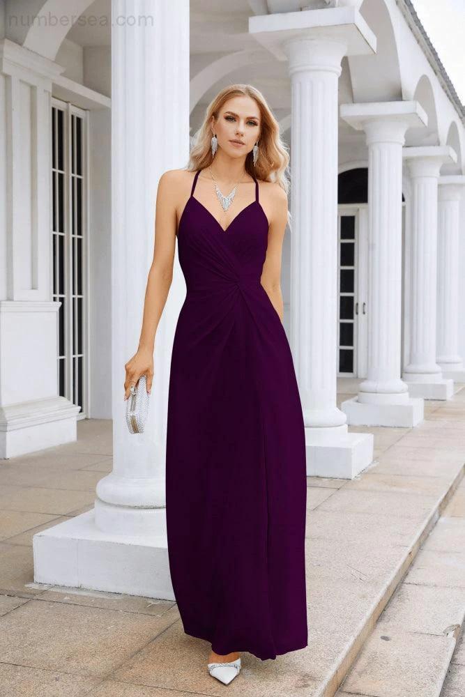 Ladies Chiffon Spaghetti Strap V Neck Front Slit Floor Length Bridesmaid Evening Dress Prom Party Wedding Evening Dress 28116 (ZD17012)