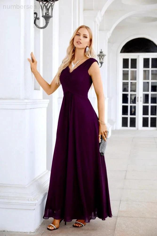 Ladies Chiffon V Neck Sleeveless Floor Length Bridesmaid Evening Dress Wedding Party Evening Dress 28126 (ZD16989)