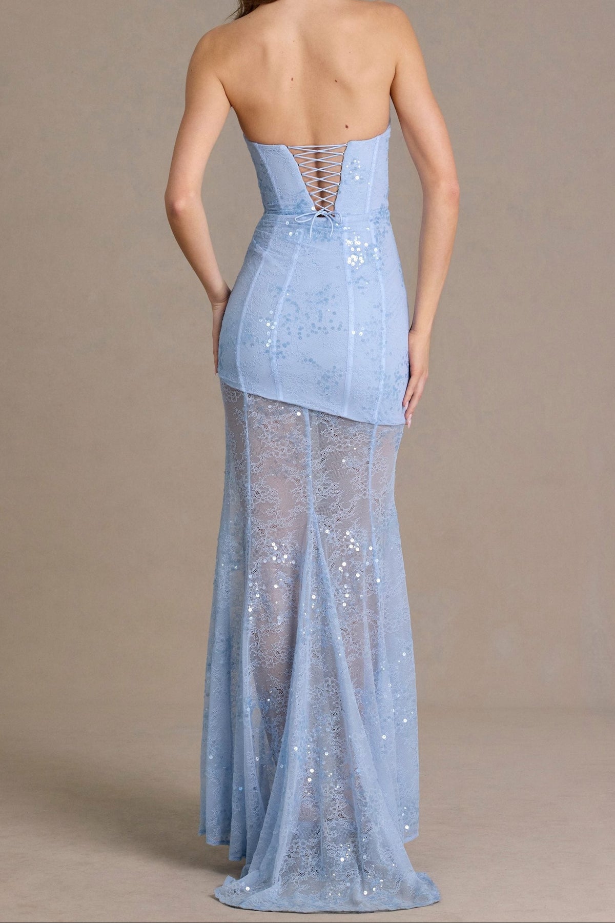 Baby Blue Strapless Mesh Sequin Mermaid Gown with High Slit