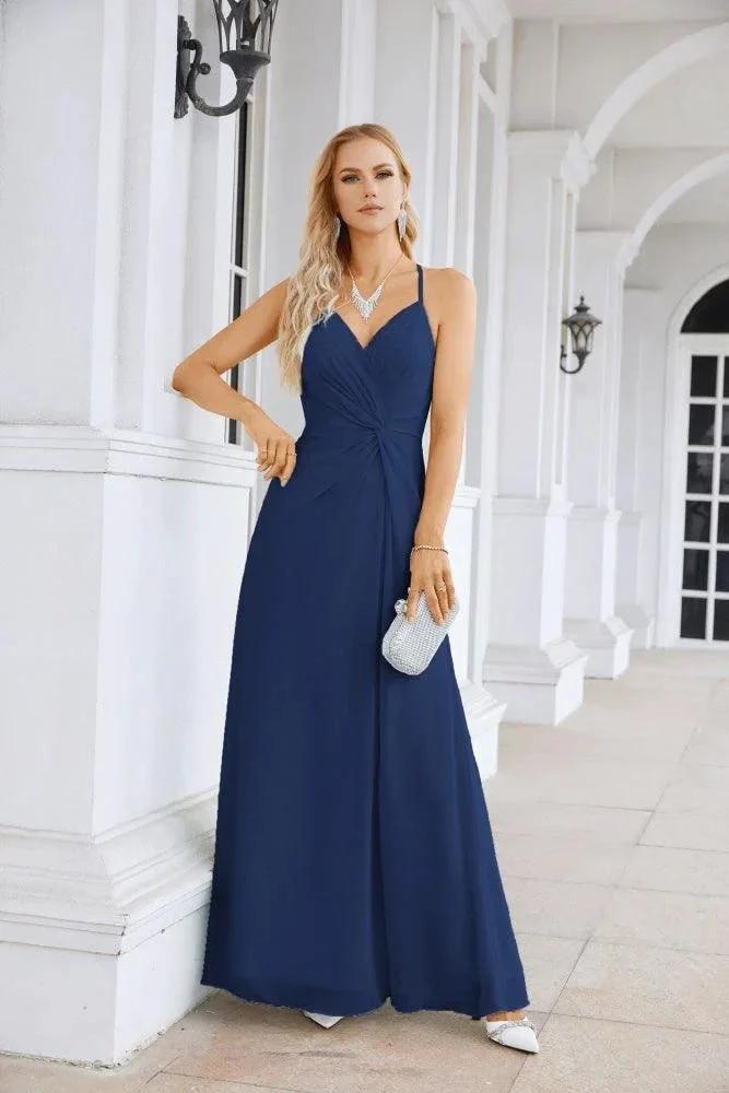 Ladies Chiffon Spaghetti Strap V Neck Front Slit Floor Length Bridesmaid Evening Dress Prom Party Wedding Evening Dress 28116 by numbersea