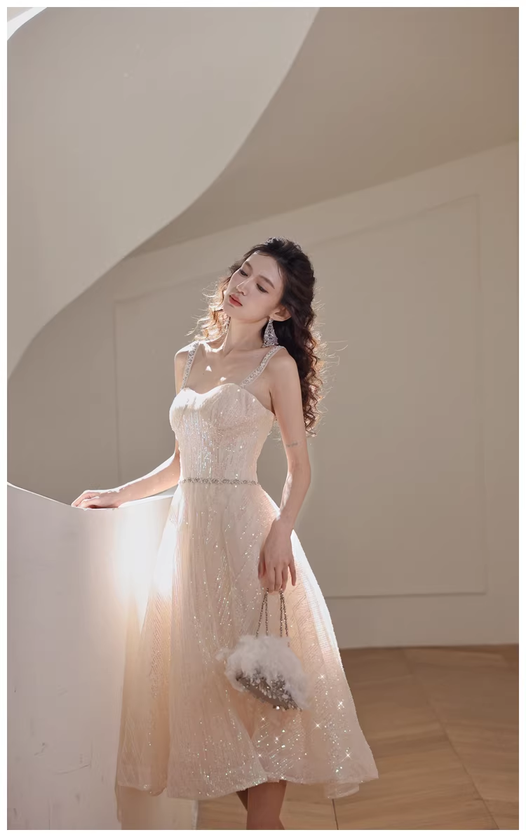Elegant Light Champagne Tulle Sequin Beaded A Line Mid Length Birthday Prom Dress Evening Gown - View 2 | VelvetHem