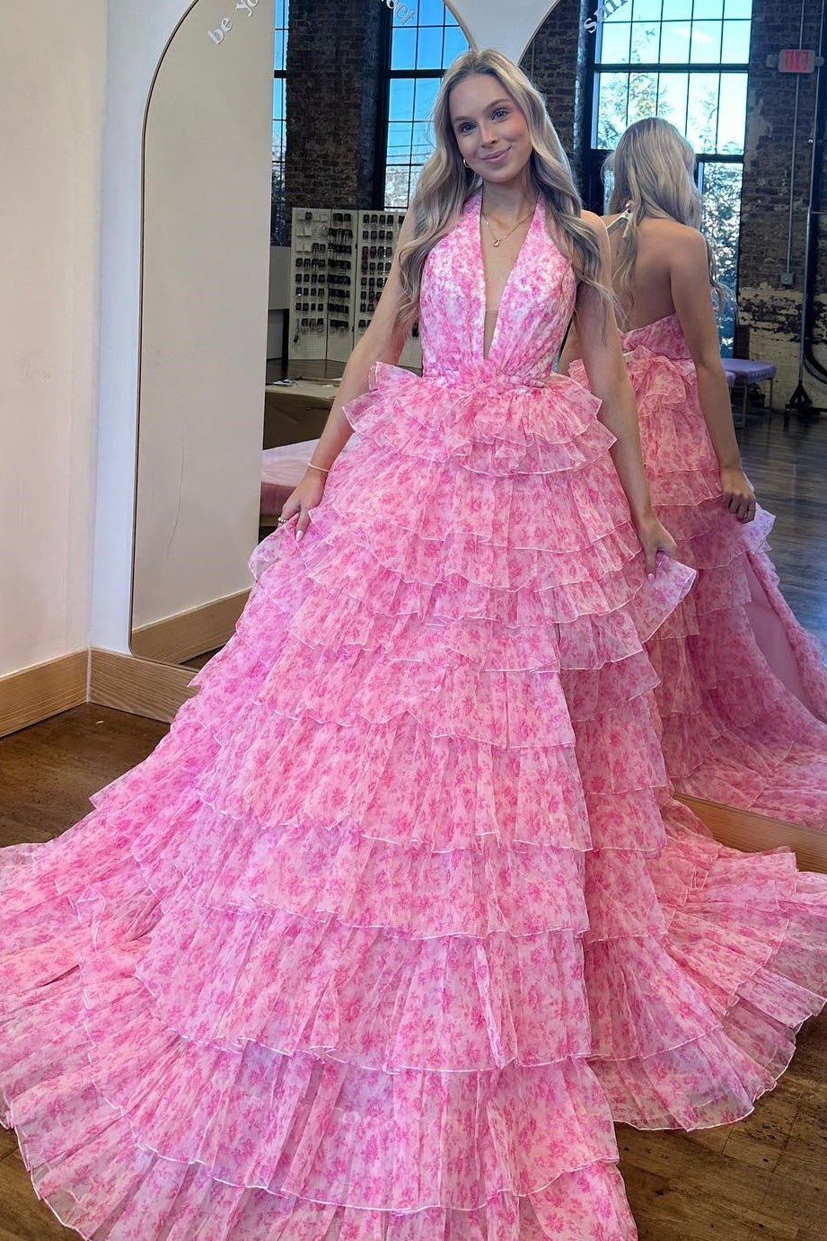 Charming A Line Halter Neck Pink Printed Long Prom Dress with Open Back