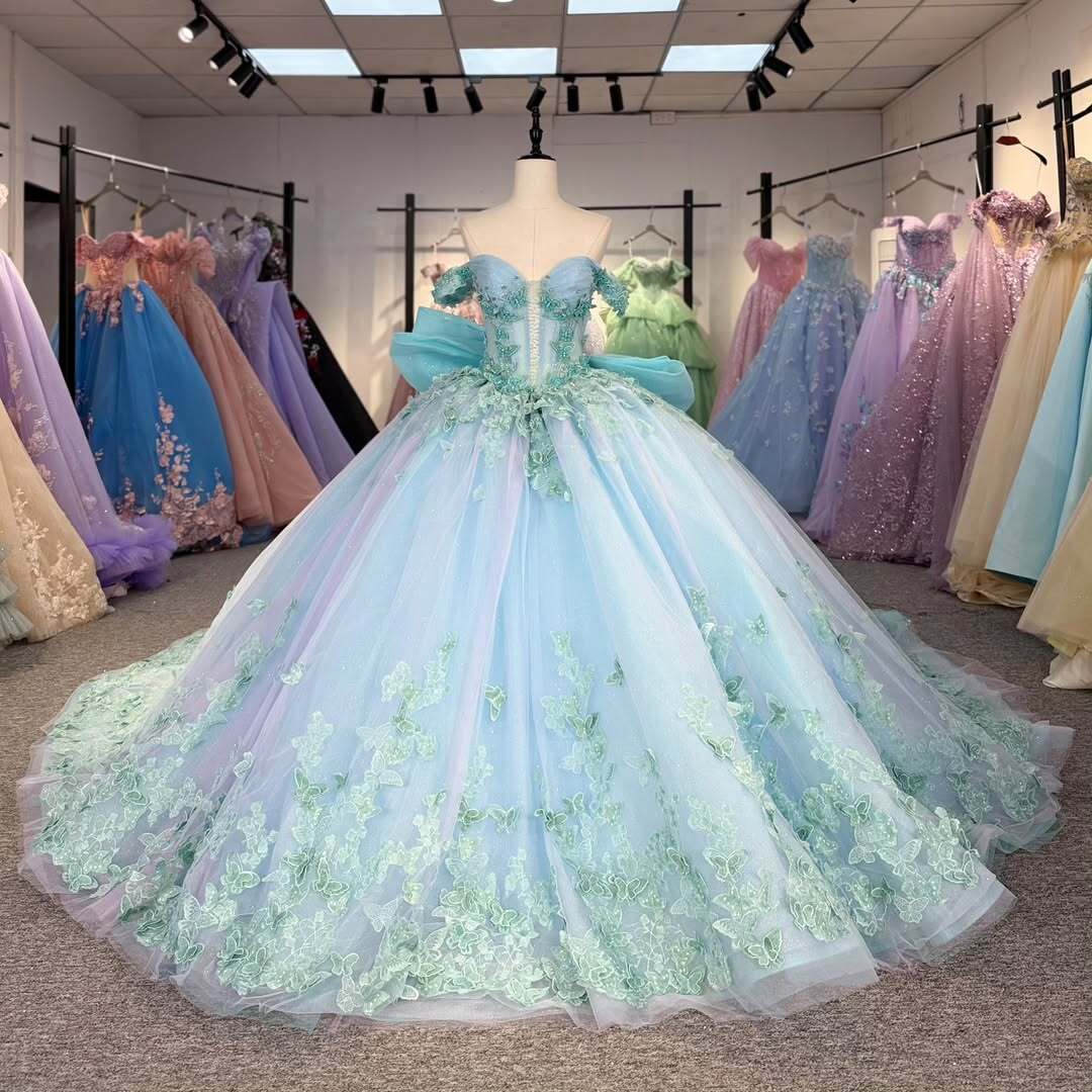 Charming A Line Off the Shoulder Light Blue Quinceanera Dress with Appliques Bowknot - View 4 | VelvetHem