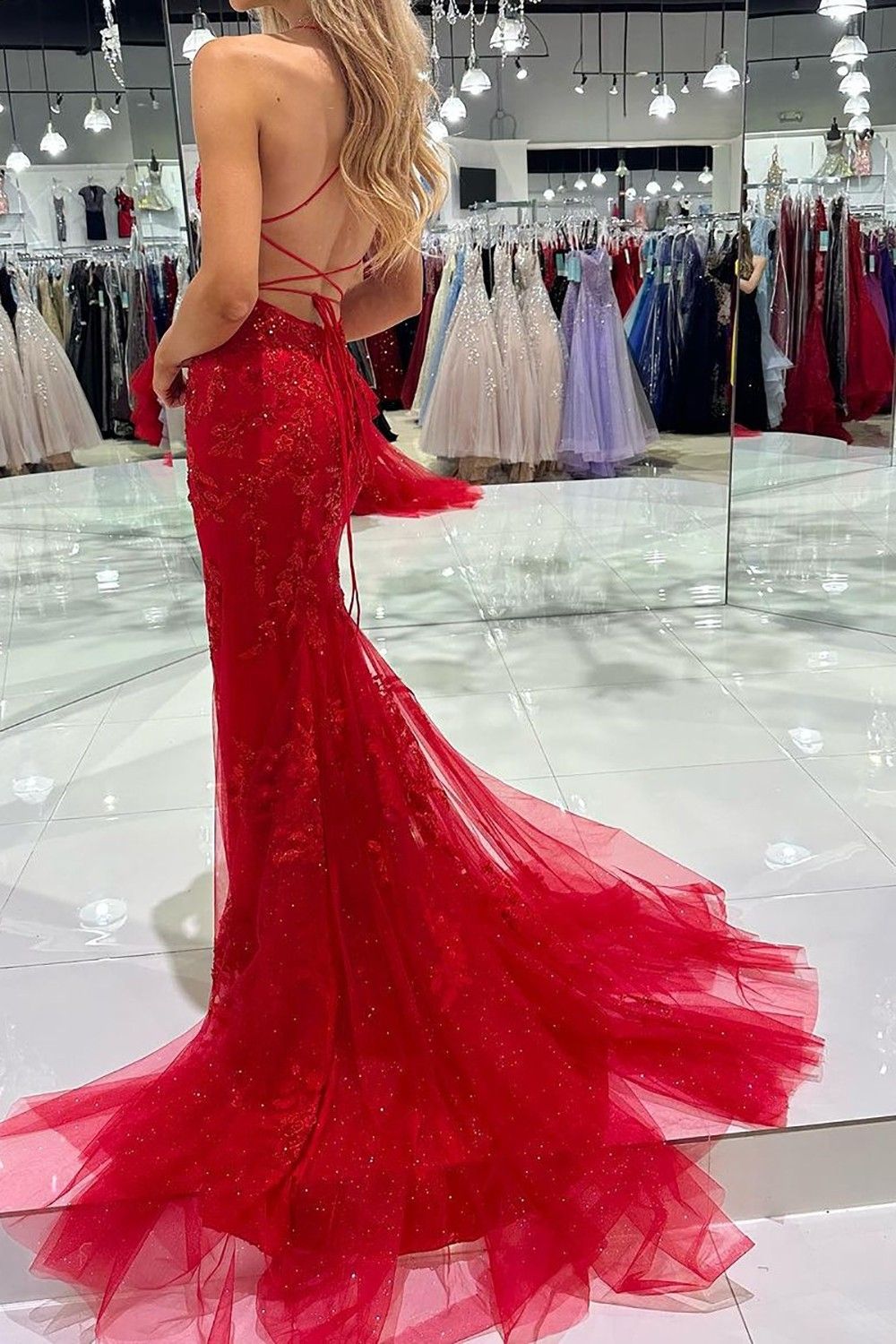 Hot Mermaid Spaghetti Straps Red Long Prom Dress with Criss Cross Back - View 2 | VelvetHem