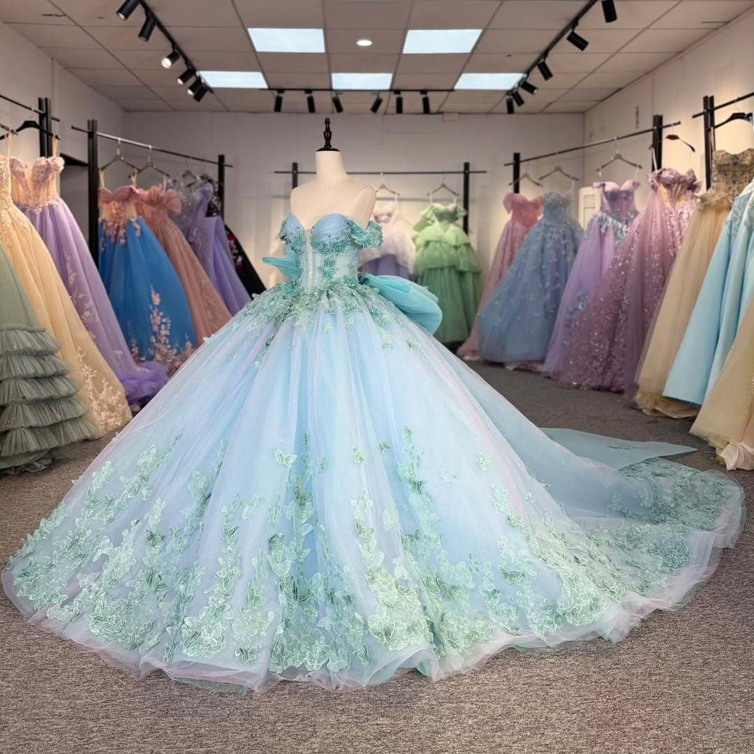 Charming A Line Off the Shoulder Light Blue Quinceanera Dress with Appliques Bowknot - View 5 | VelvetHem