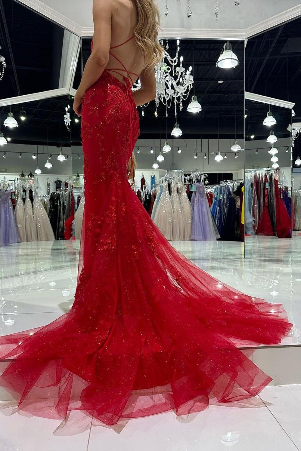 Hot Mermaid Spaghetti Straps Red Long Prom Dress with Criss Cross Back - View 4 | VelvetHem