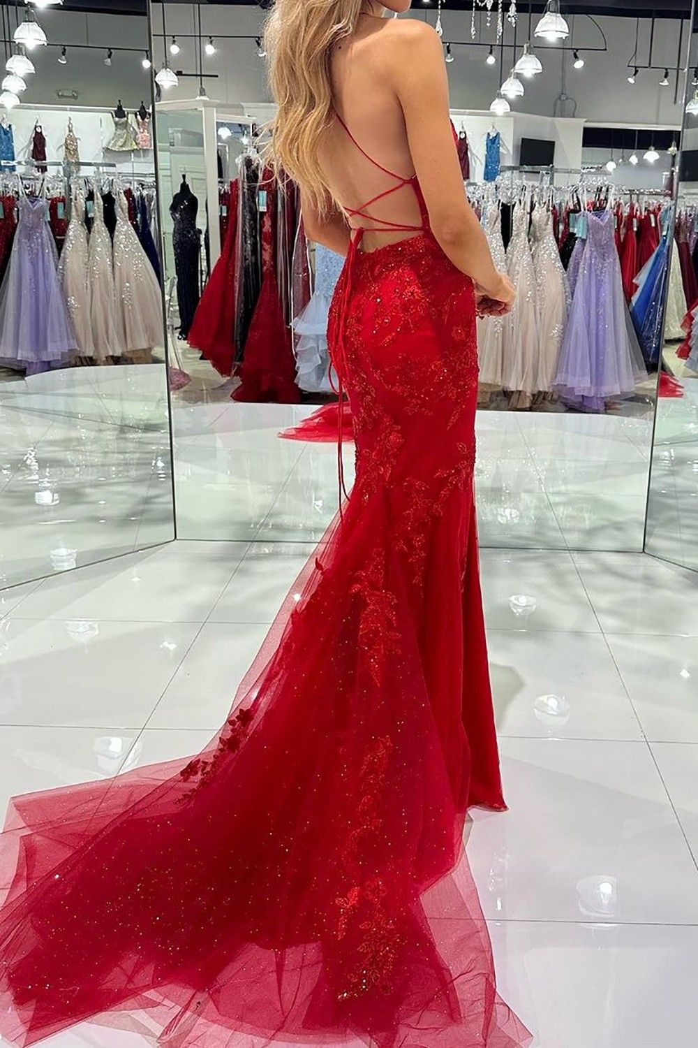 Hot Mermaid Spaghetti Straps Red Long Prom Dress with Criss Cross Back - View 5 | VelvetHem