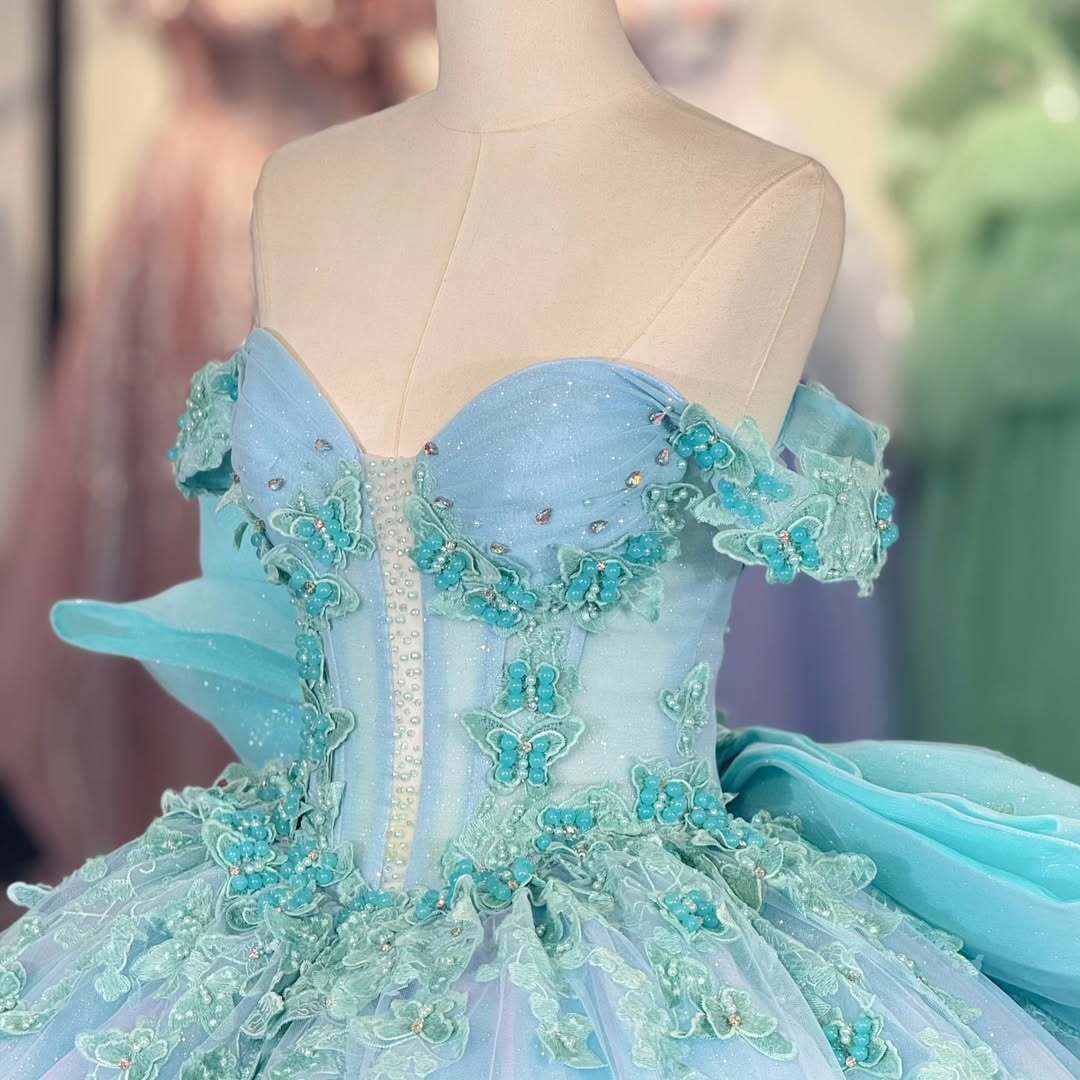 Charming A Line Off the Shoulder Light Blue Quinceanera Dress with Appliques Bowknot - View 3 | VelvetHem
